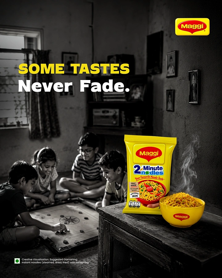 Instant Noodles & Pasta Brands creative ad: Nostalgia expressed through fading monochrome