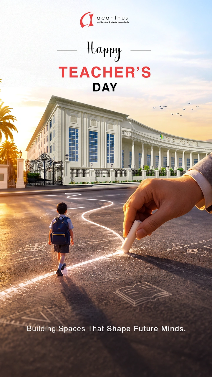 Teachers Day creative ad: Giant hand drawing a chalk path for a small schoolboy walking toward a grand school building