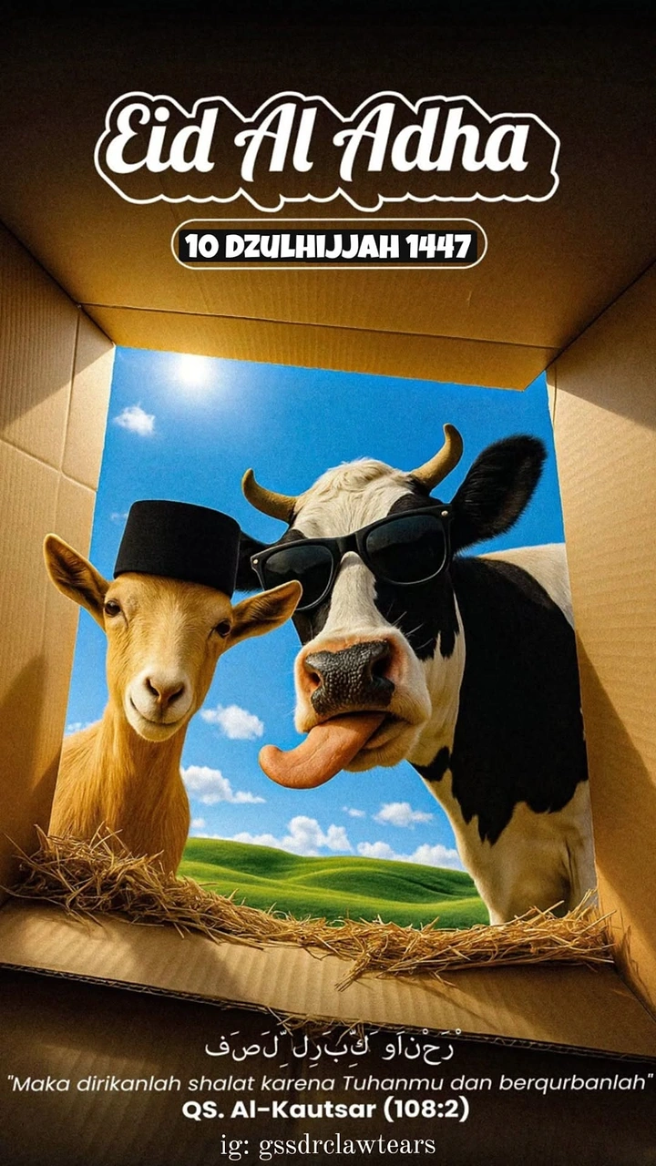 Eid Al Adha creative ad: Goat and cow peering into box, playful