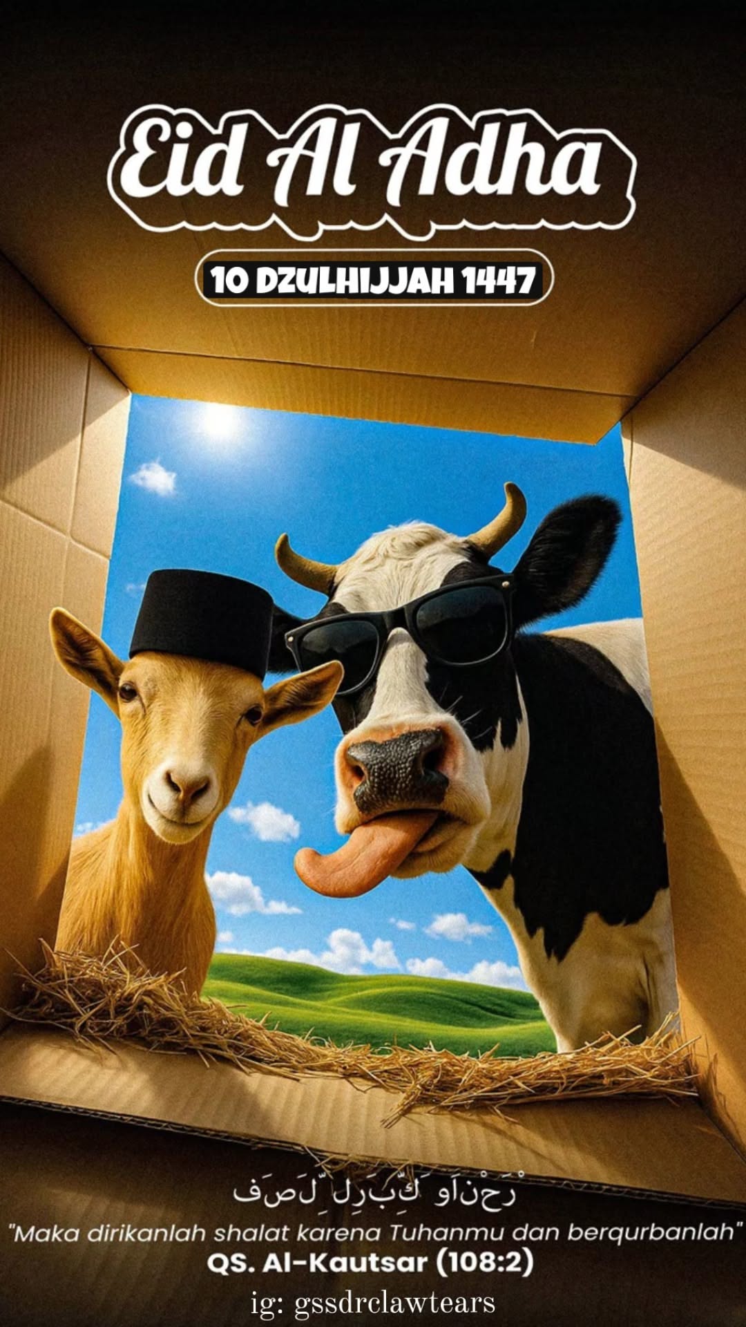 Goat in a skullcap and cow in sunglasses peering into an open cardboard box