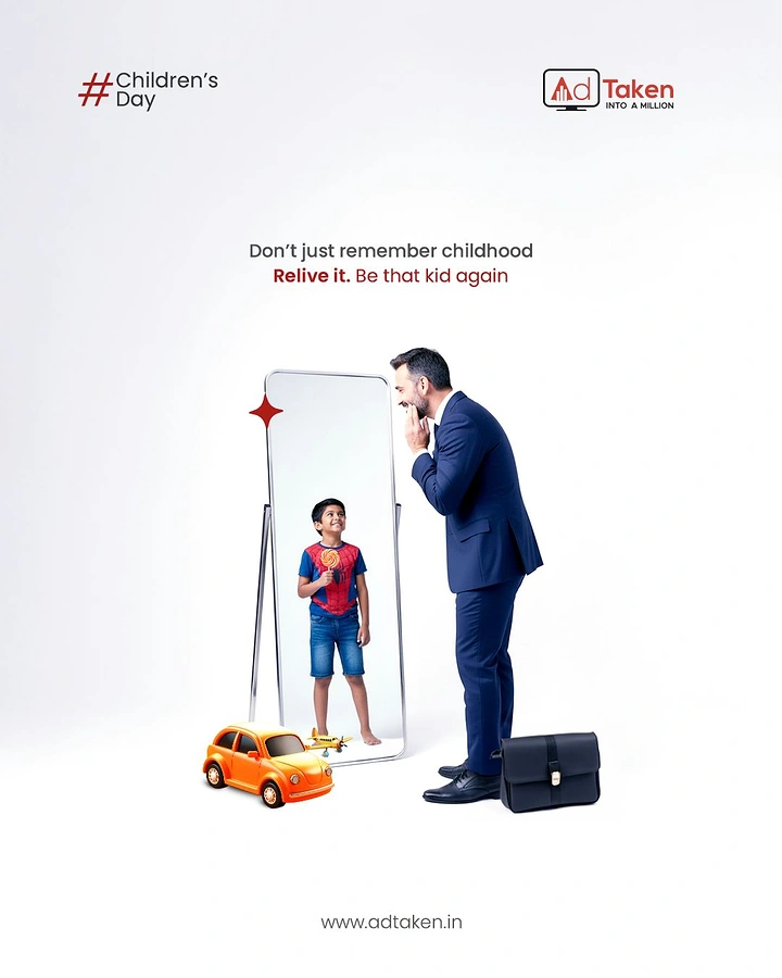 Children's Day creative ad: Businessman sees his child self reflected in a standing mirror