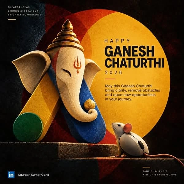 Ganesh Chaturthi creative ad: Geometric sculptural Ganesha facing a mouse shaped like a computer mouse