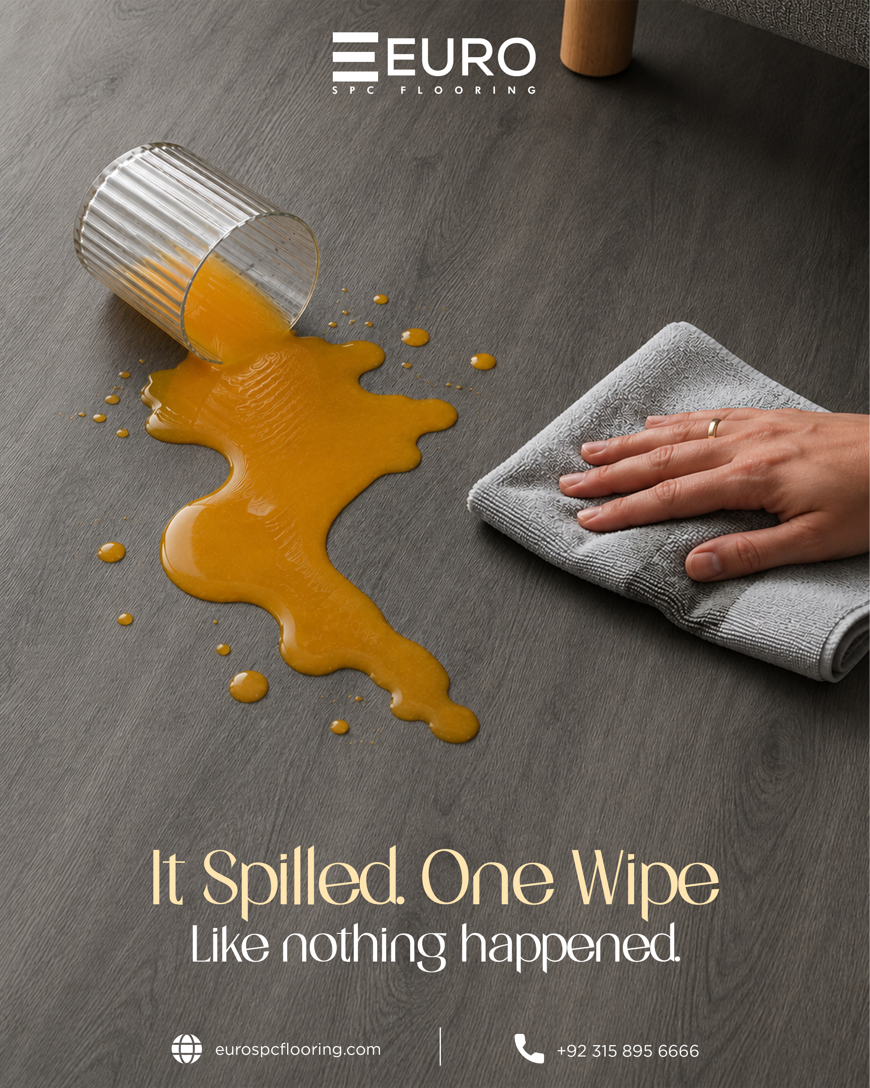 Instagram post: Orange juice spilled from a ribbed glass on grey SPC flooring, being wiped