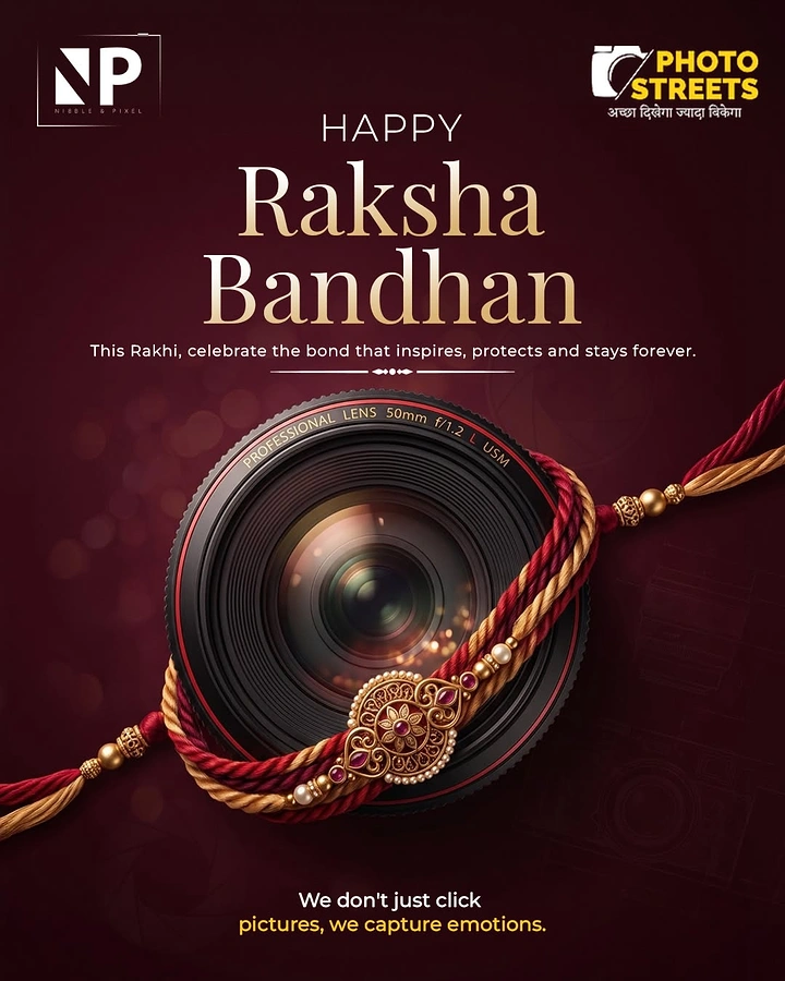 Raksha Bandhan creative ad: Camera lens wrapped with an ornate maroon and gold rakhi