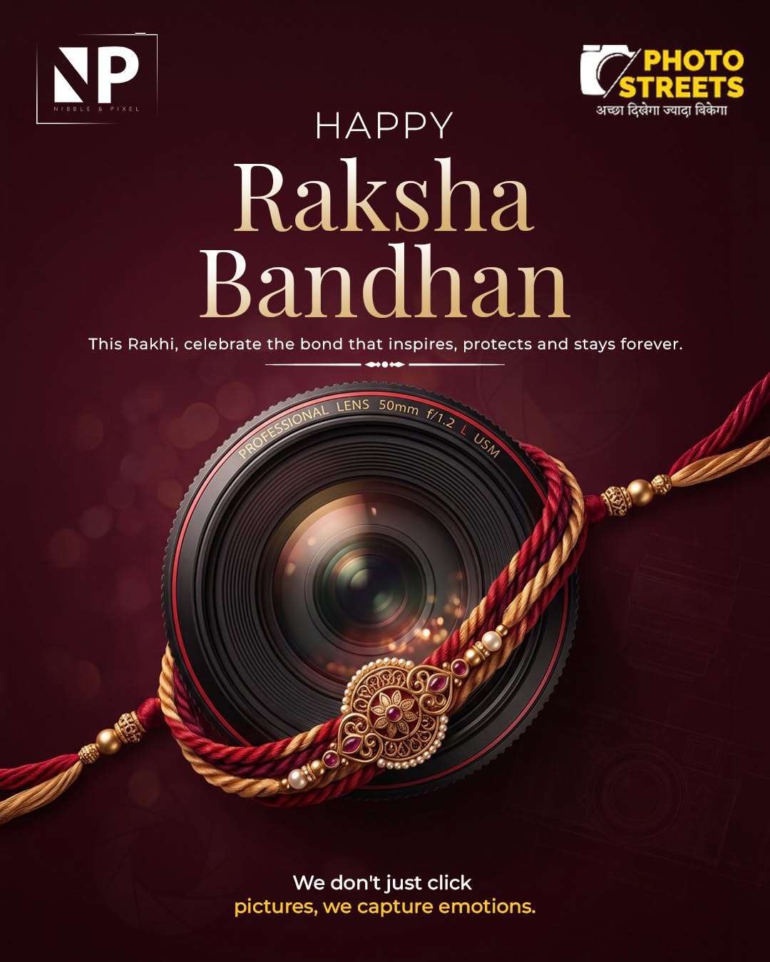Camera lens wrapped with an ornate maroon and gold rakhi