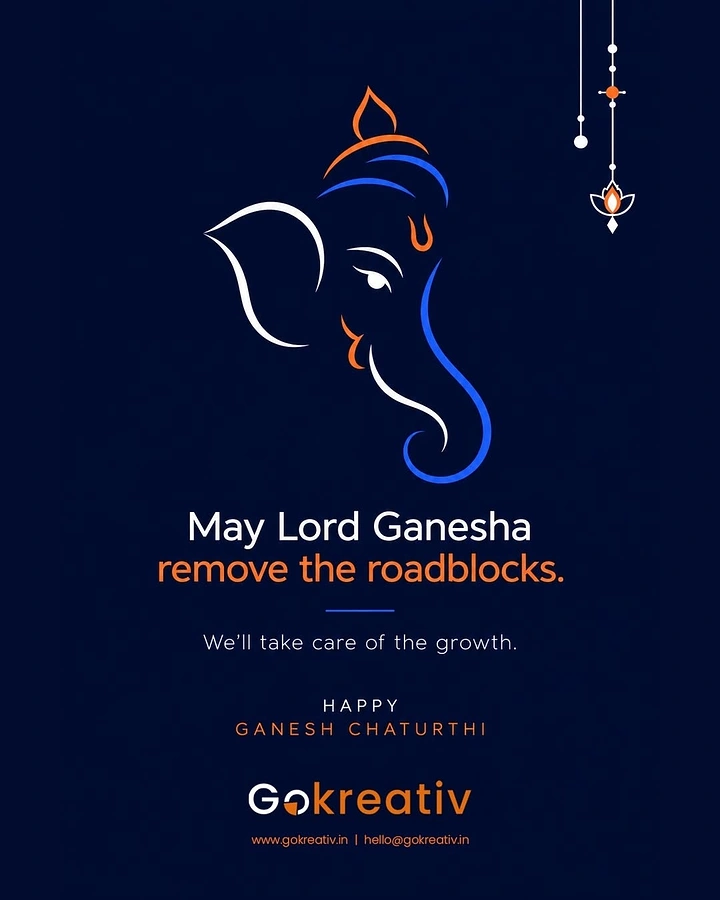 Ganesh Chaturthi creative ad: Minimal line-art Ganesha profile in white, blue and orange