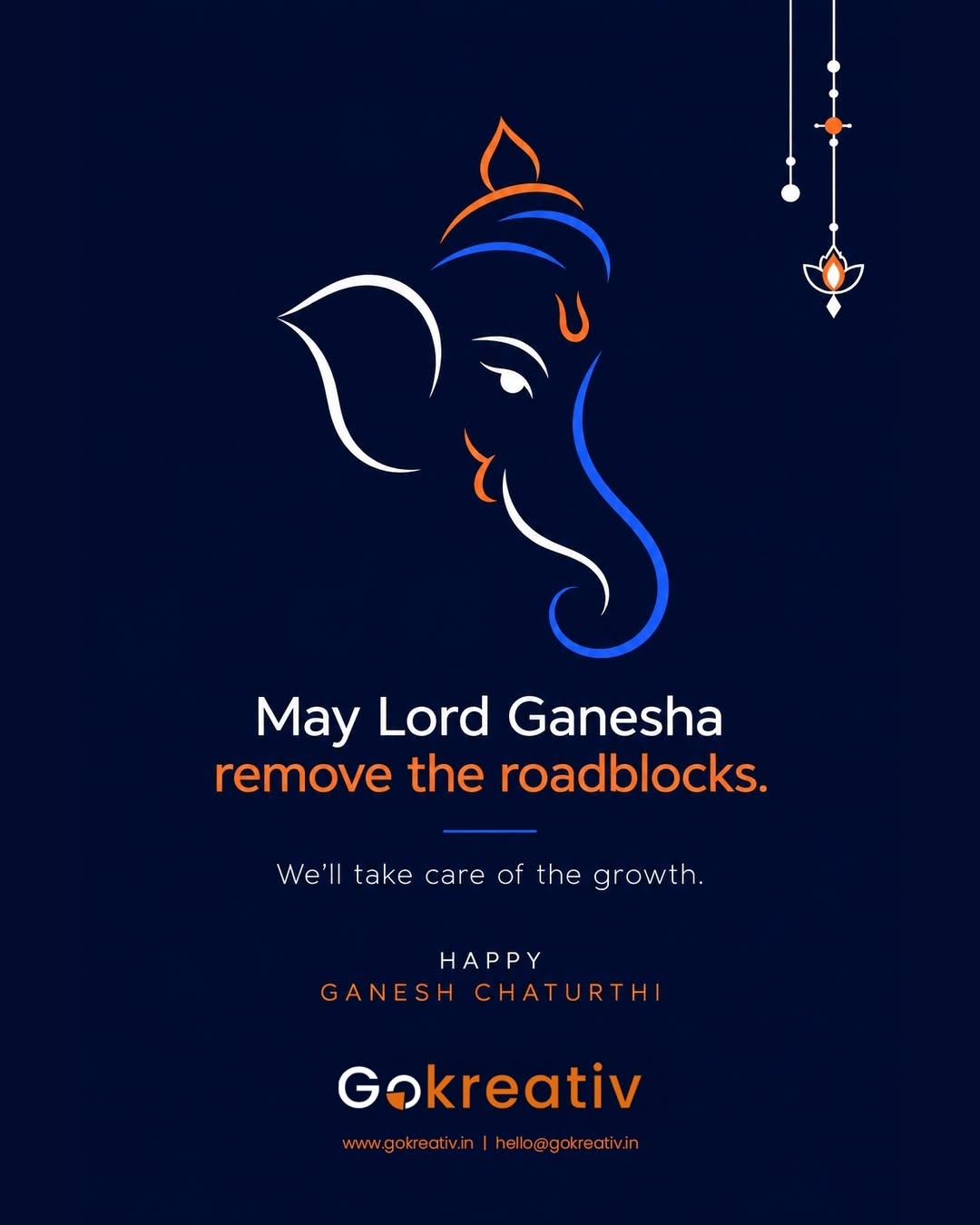 Minimal line-art Ganesha profile in white, blue and orange