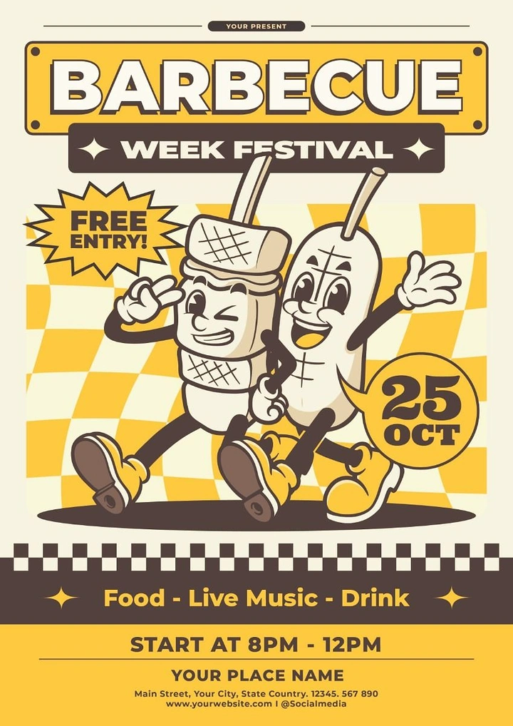 BBQ & Grill Restaurants creative ad: Retro barbecue festival character poster