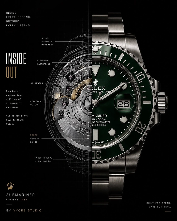 Watches & Accessories creative ad: Dive watch split half into movement cutaway, half into finished dial