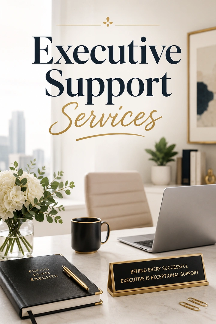 Virtual Assistant Services creative ad: A refined executive workspace with laptop and planning materials