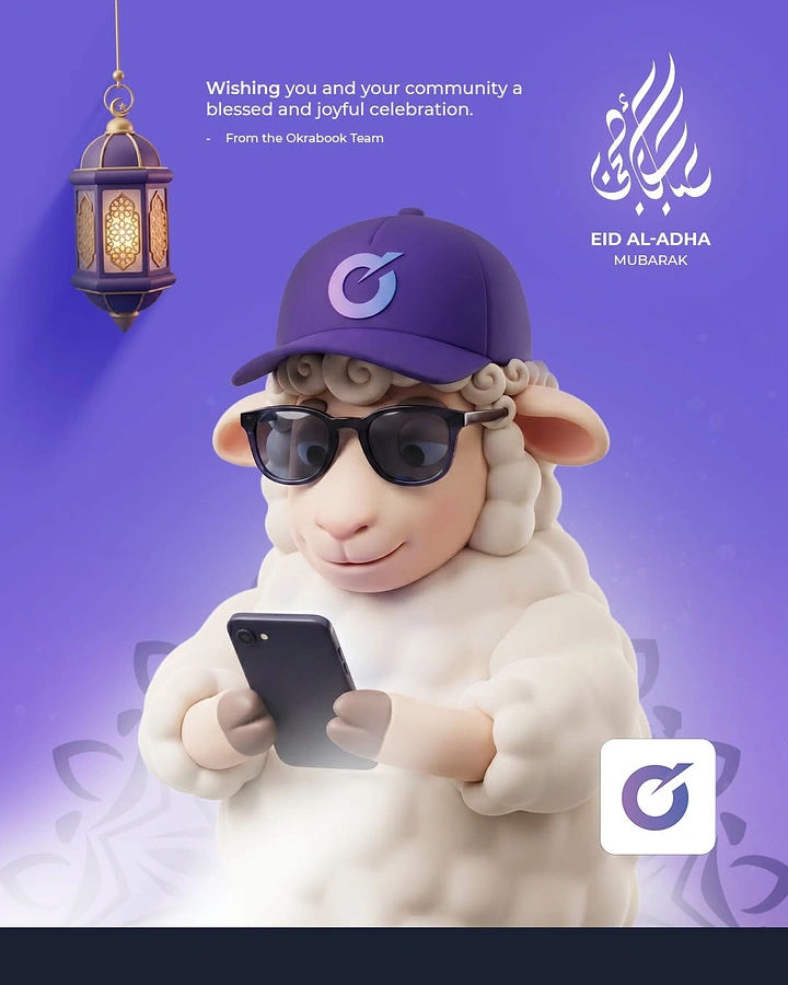 Eid creative ad: 3D cool sheep in cap and sunglasses using phone