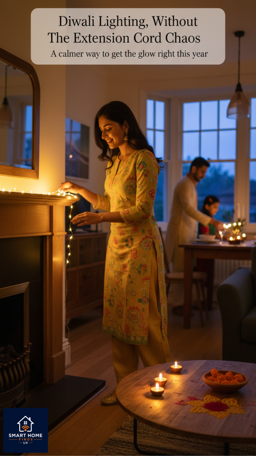 Diwali Story: Woman in kurta hanging fairy lights on a mantel at home