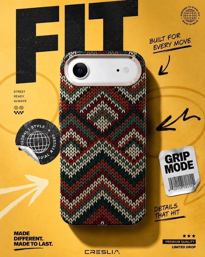 Phone Cases & Mobile Accessories creative ad: Bold knit case and movement metaphor
