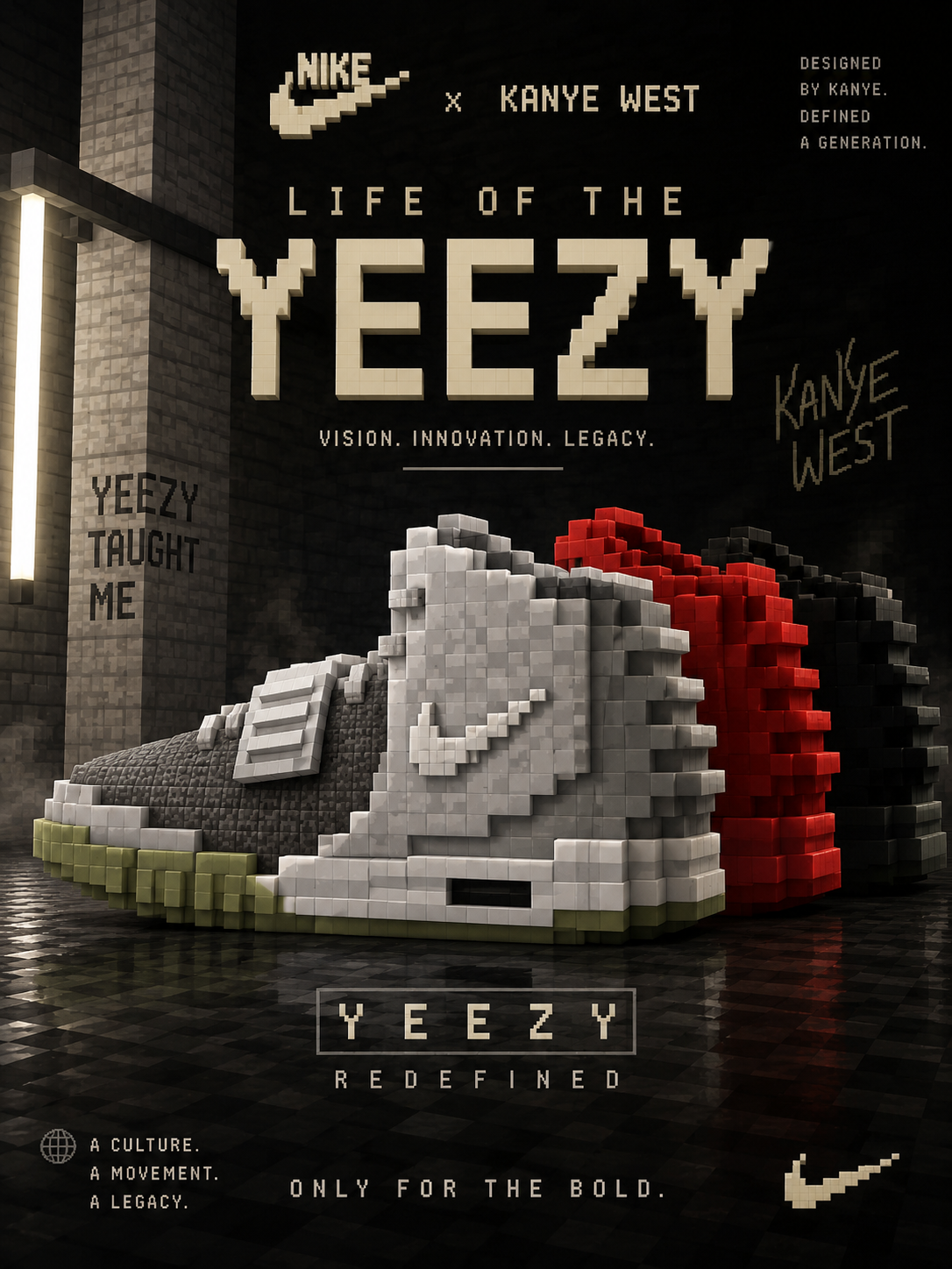 Instagram post: Voxel 3D high-top sneakers in grey, red and black
