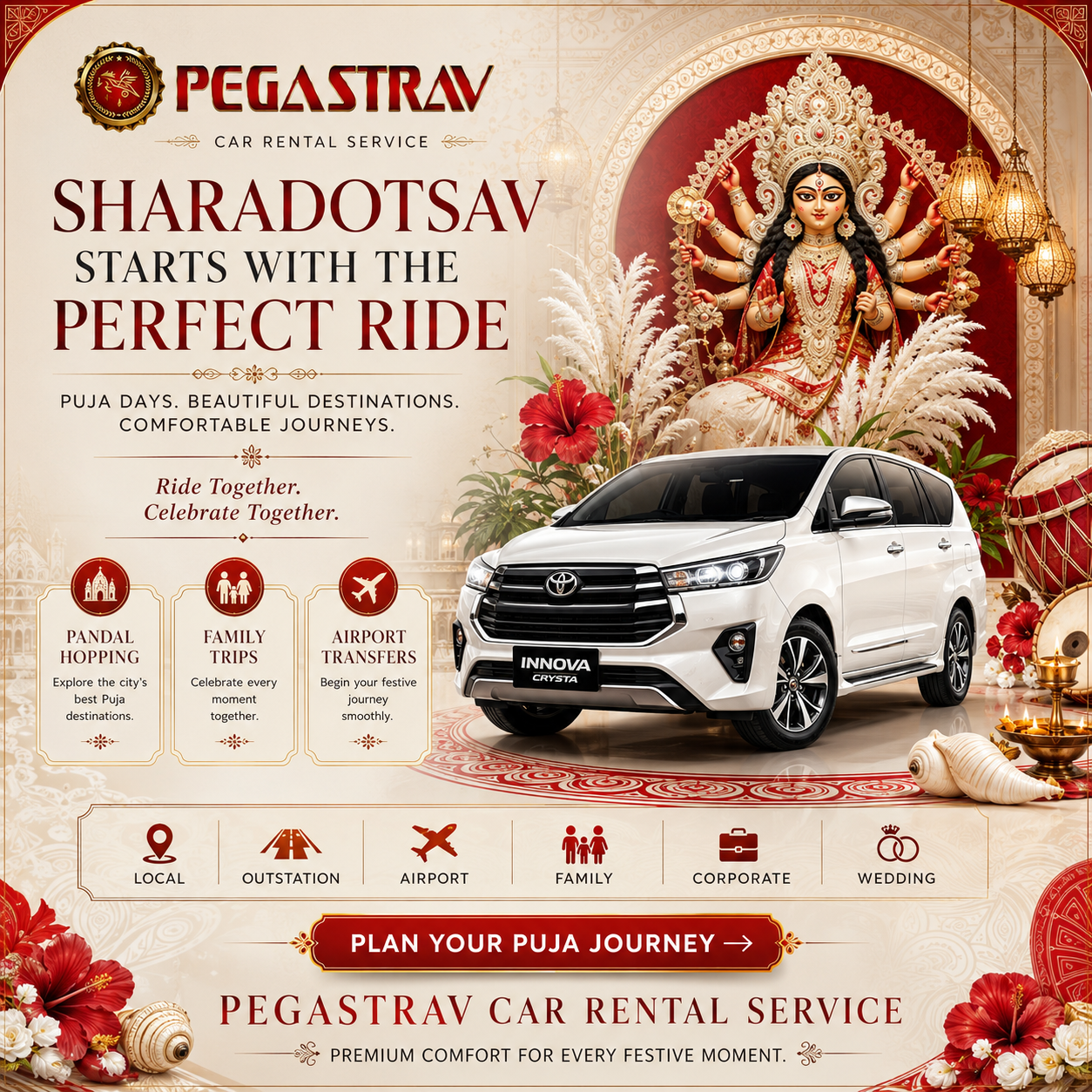 Navratri Poster: A white luxury MPV staged before an ornate Durga Puja shrine with floral decor and warm lantern light.