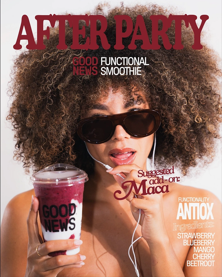 Juice Bars & Smoothies creative ad: Woman with voluminous curls in sunglasses holding a berry smoothie cup
