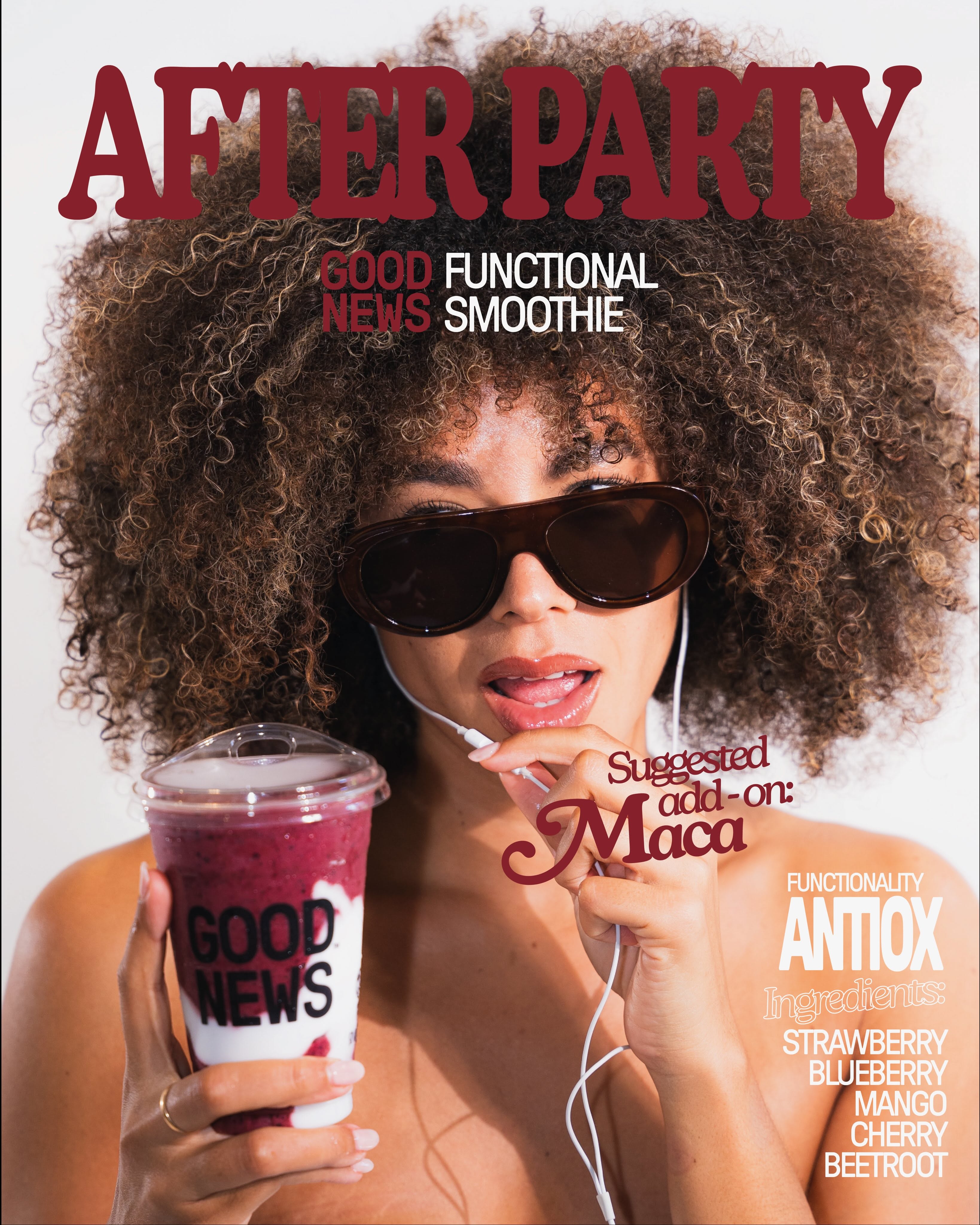 Carousel: Woman with voluminous curls in sunglasses holding a berry smoothie cup, slide 1