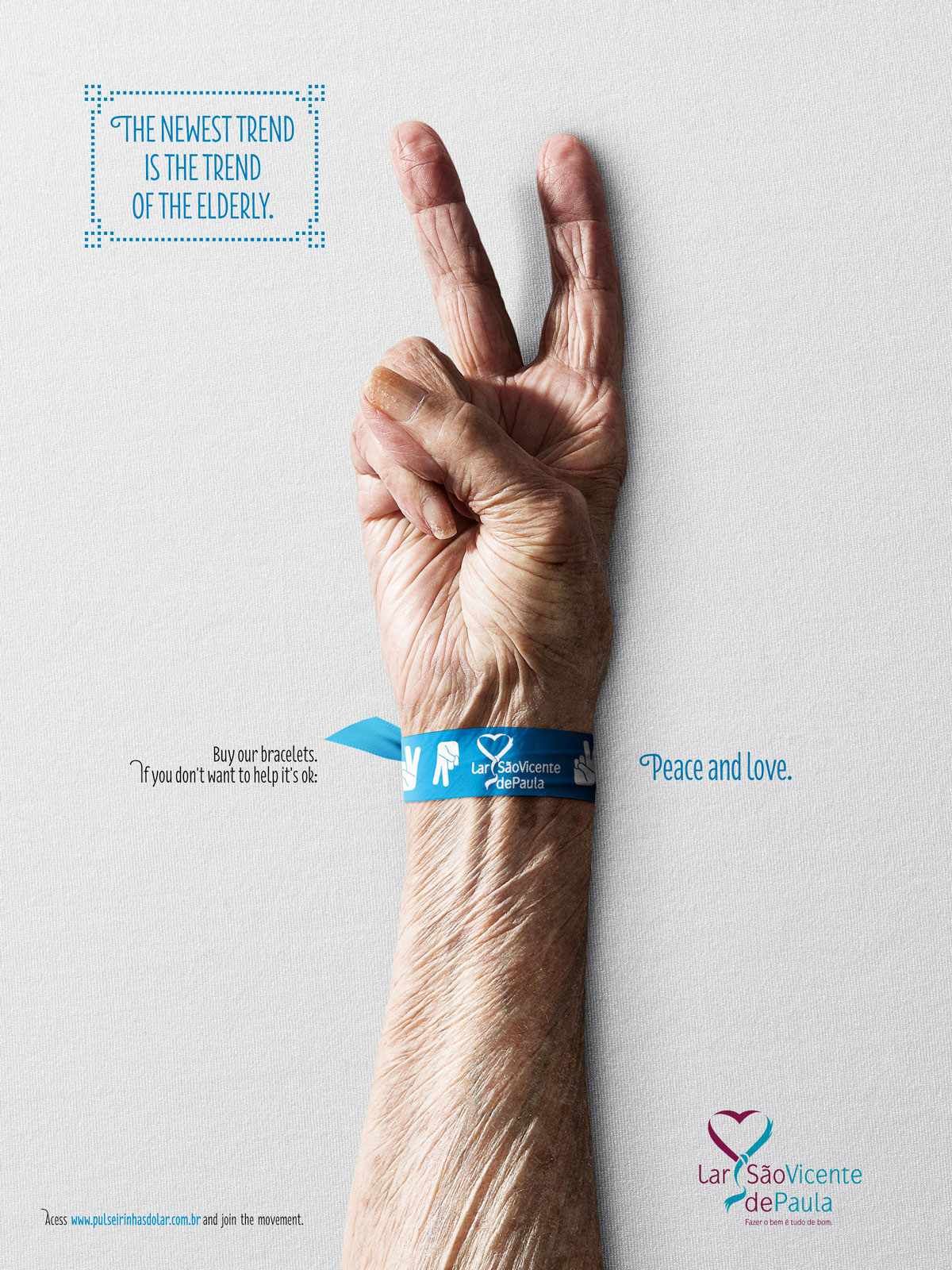 Poster: Elderly hand making a peace sign while wearing a blue charity wristband