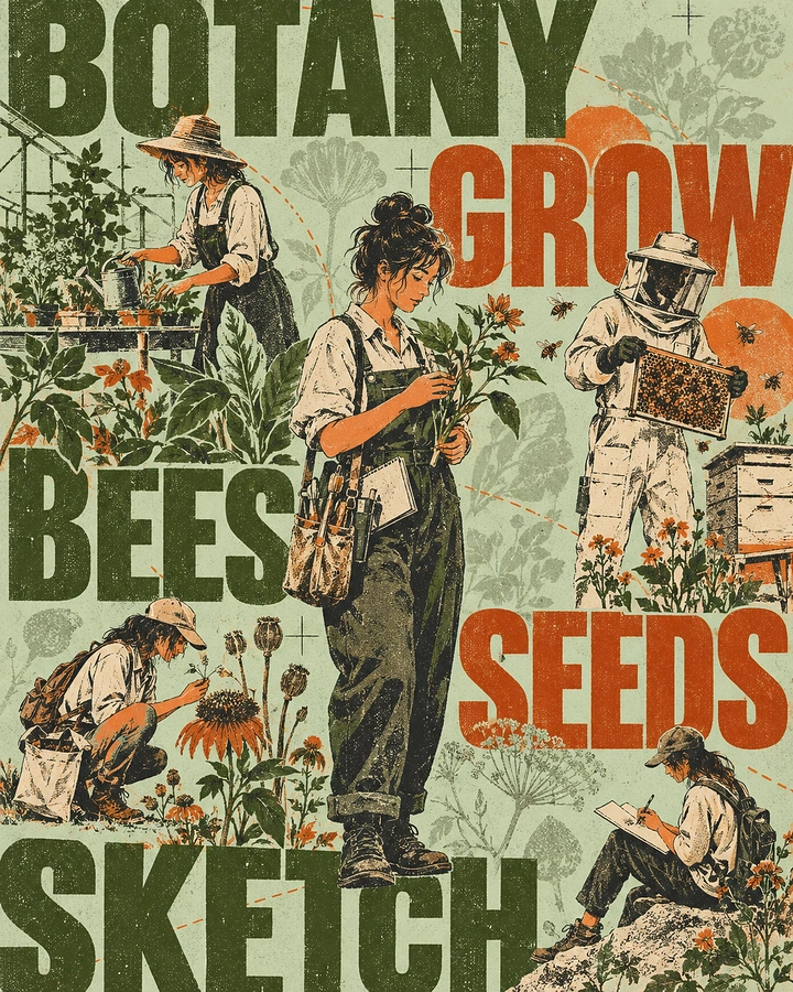 Agriculture, Seeds & Fertilizers creative ad: Women gardeners, beekeeper and botanist sketching amid flowers
