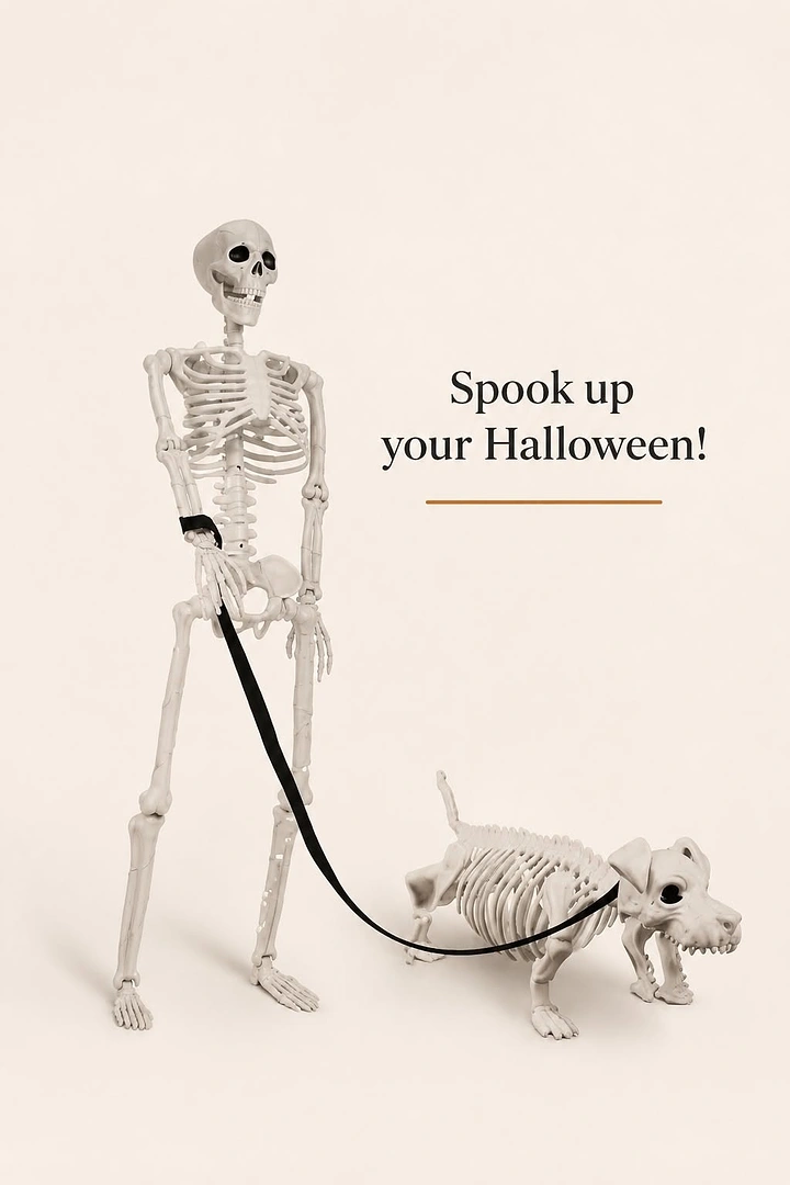Halloween creative ad: Toy skeleton walking a skeleton dog on a leash
