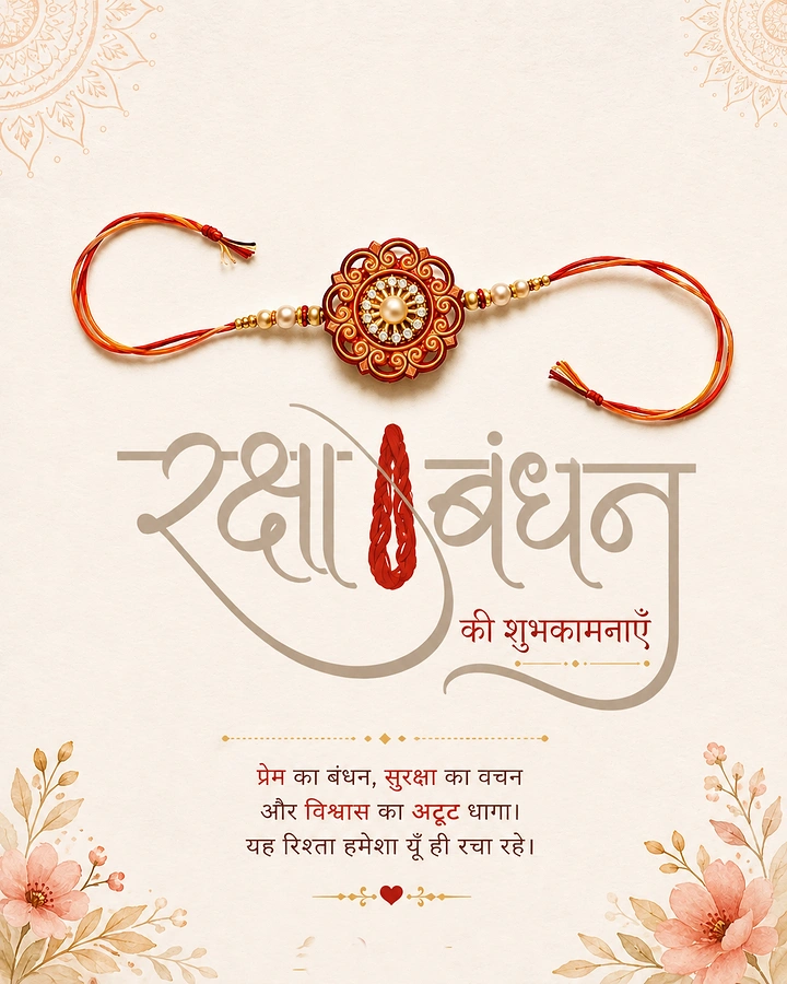 Raksha Bandhan creative ad: Ornate red-gold rakhi with pearls above a Devanagari calligraphy wordmark