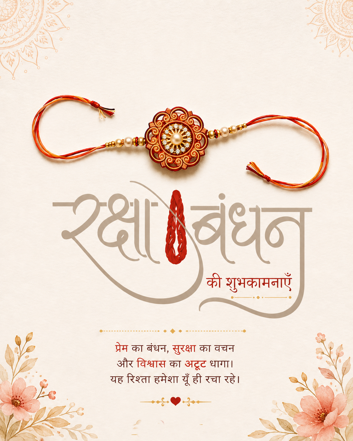 Ornate red-gold rakhi with pearls above a Devanagari calligraphy wordmark