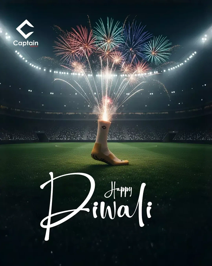 Diwali creative ad: Sports grip sock erupting like a firecracker in a floodlit stadium