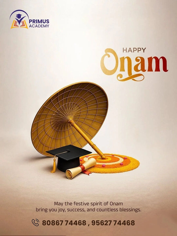 Onam creative ad: Traditional palm-leaf umbrella with graduation cap, diploma and flower carpet