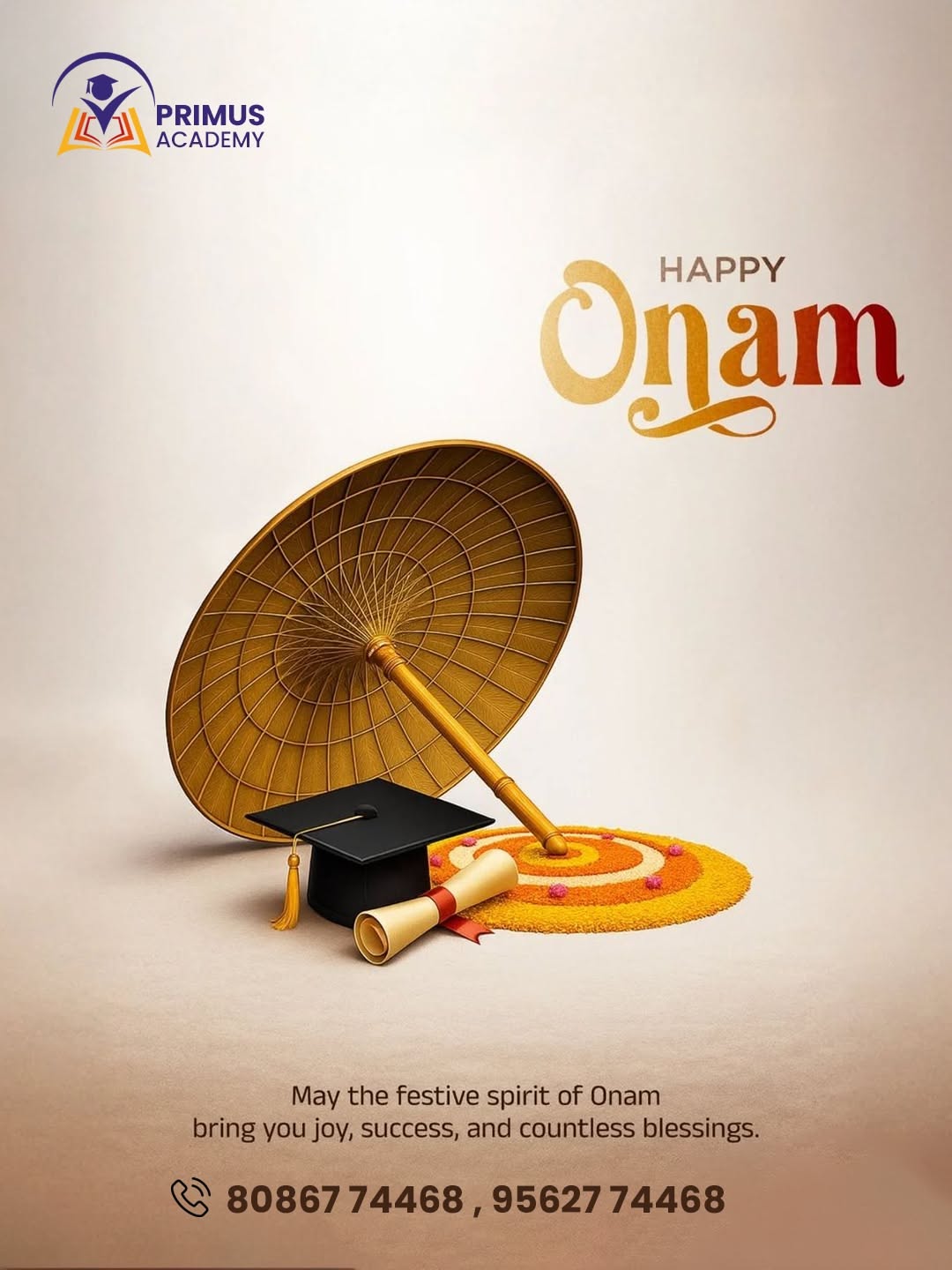 Traditional palm-leaf umbrella with graduation cap, diploma and flower carpet