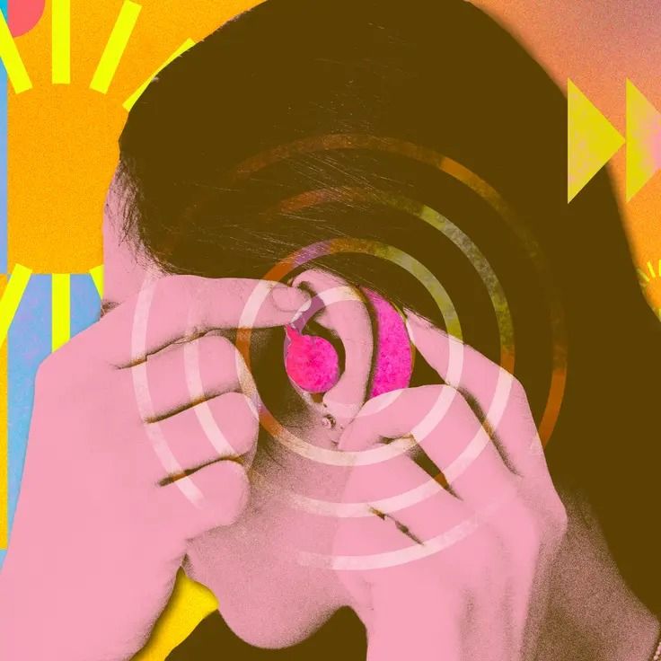 Instagram post: Bold duotone illustration, sound ripples in ear