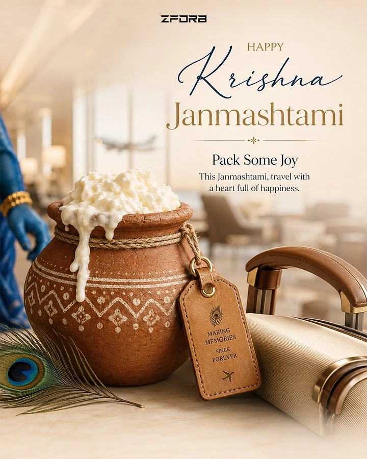 Janmashtami creative ad: Clay butter pot with a leather luggage tag beside a suitcase