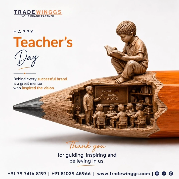 Teachers Day creative ad: Orange pencil carved into a wooden classroom with a child reading on top