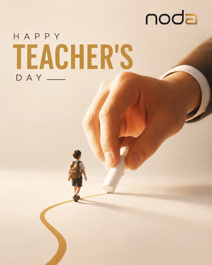 Teachers Day creative ad: Giant hand drawing a golden chalk path for a tiny schoolboy