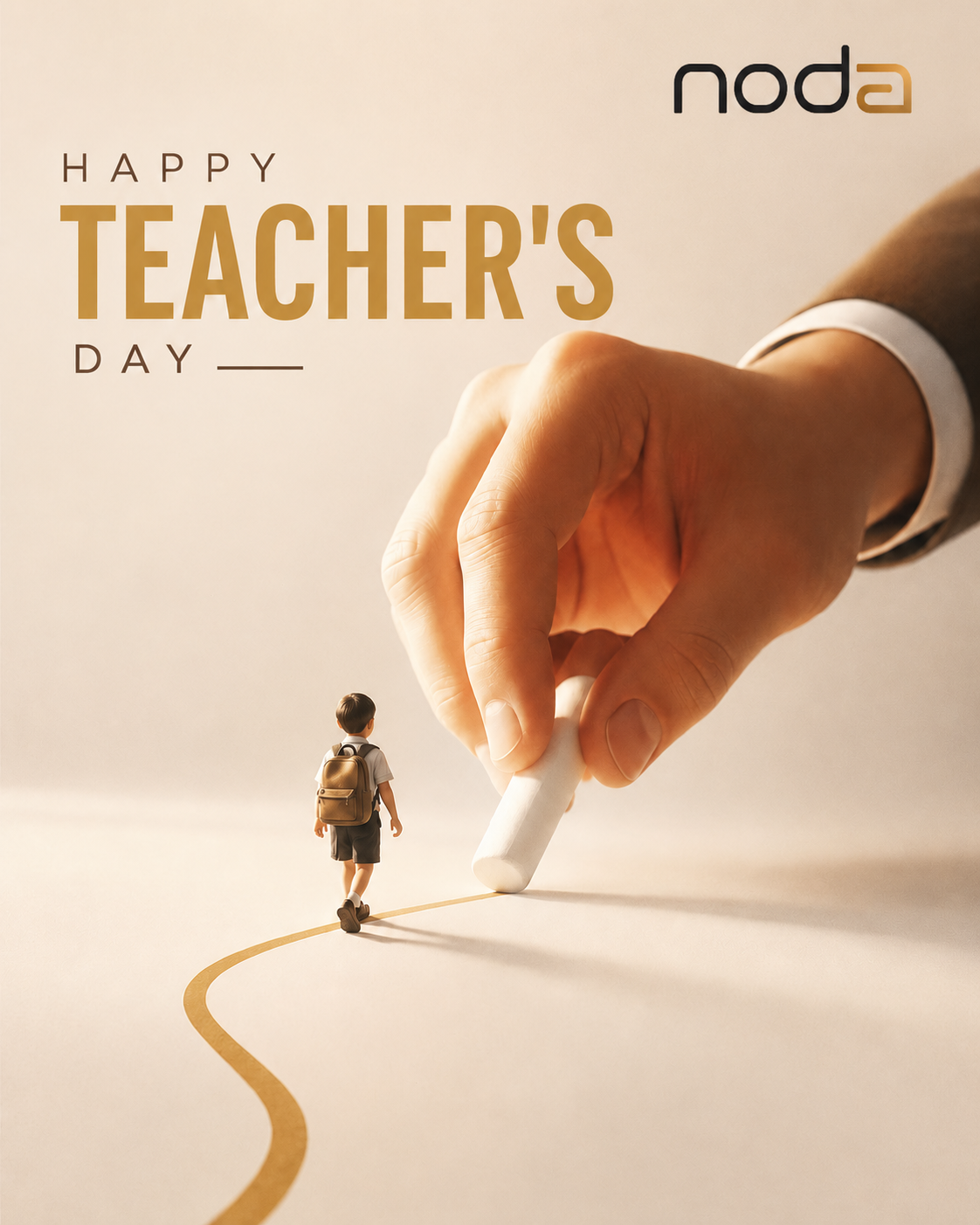 Giant hand drawing a golden chalk path for a tiny schoolboy