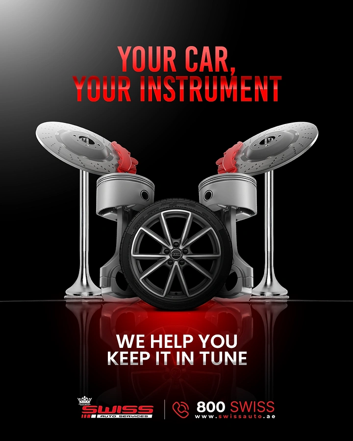 Auto Repair & Garages creative ad: Pistons and wheel form a drum kit