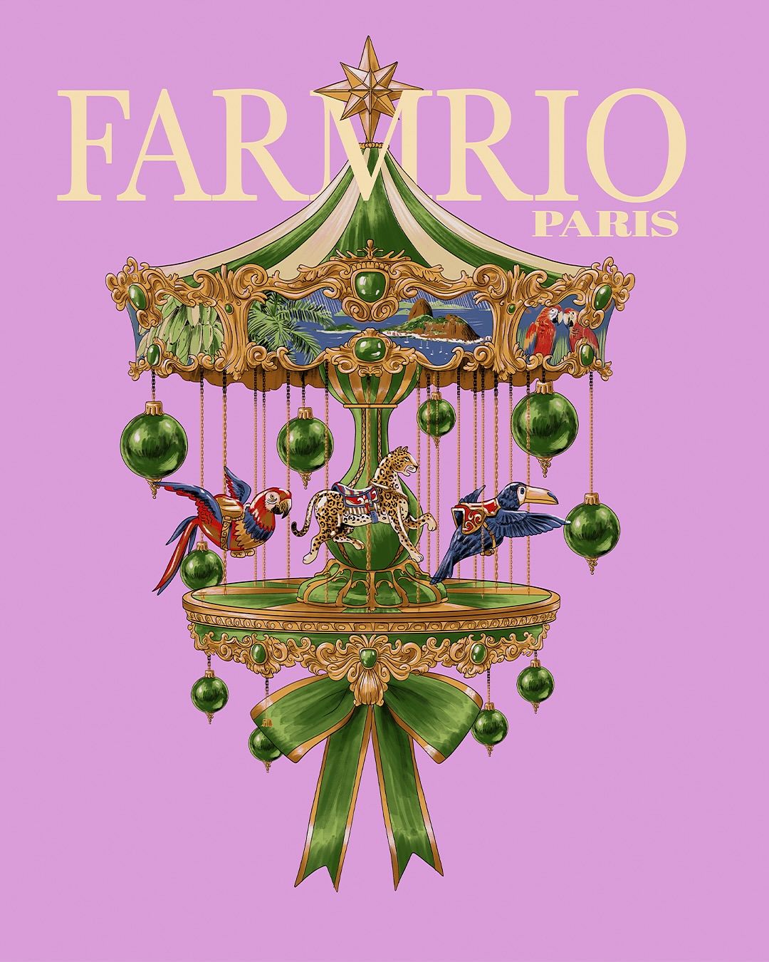 Christmas Instagram post: Ornate carousel ornament with tropical animals and green baubles