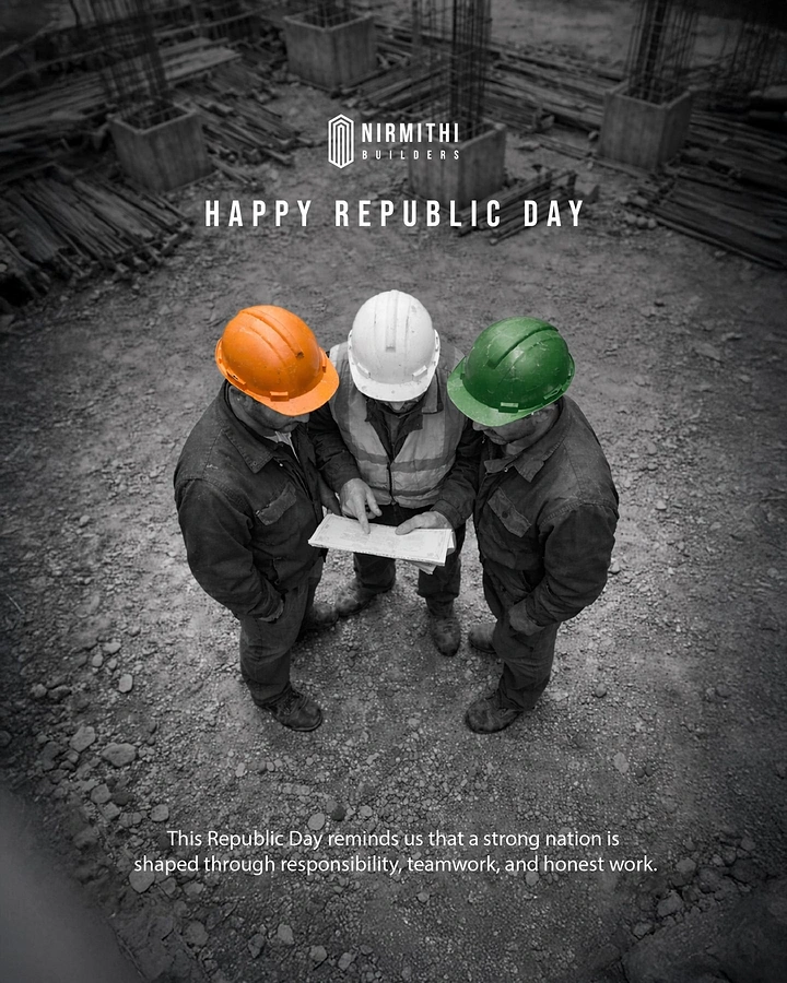Republic Day creative ad: Three workers in saffron, white and green hard hats reviewing a plan