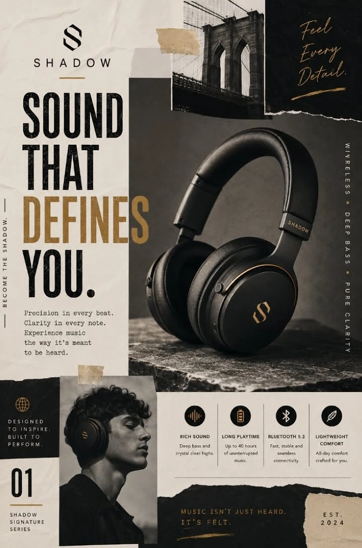 Creative ad: Matte black headphones with gold accents on a stone plinth