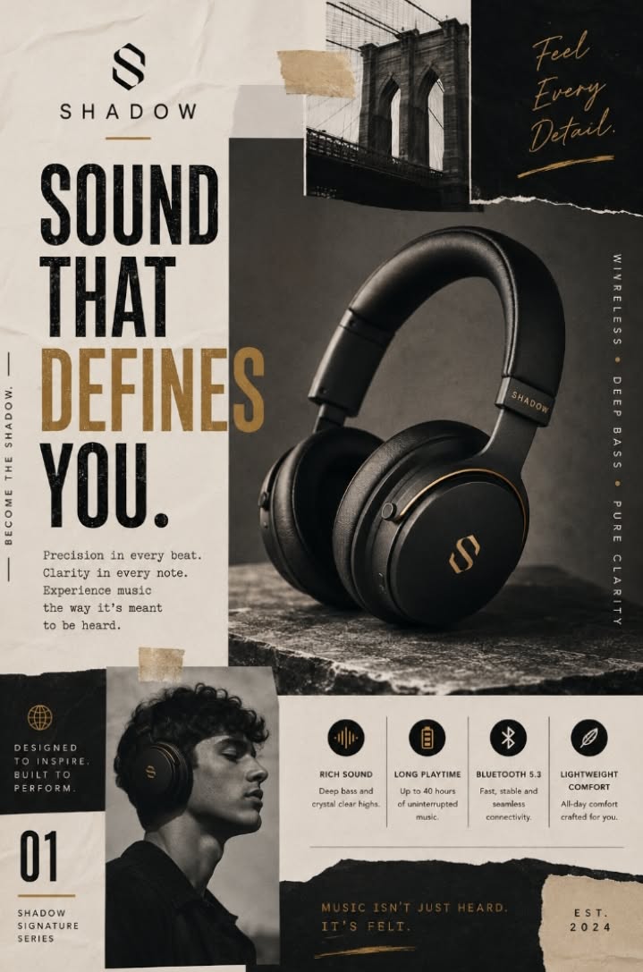 Instagram post: Matte black headphones with gold accents on a stone plinth