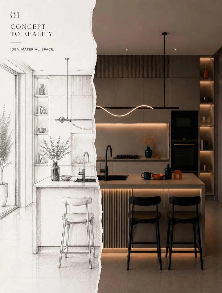 Modular Kitchens creative ad: Kitchen island shown as a pencil sketch torn away to reveal a photoreal render