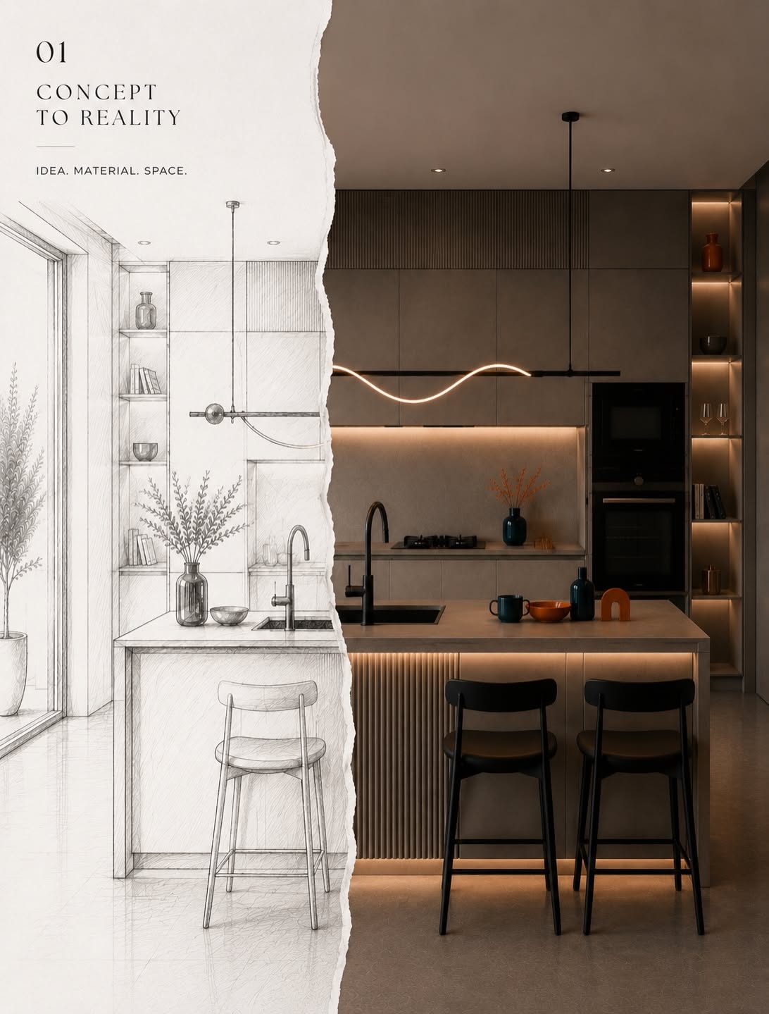 Carousel: Kitchen island shown as a pencil sketch torn away to reveal a photoreal render, slide 1