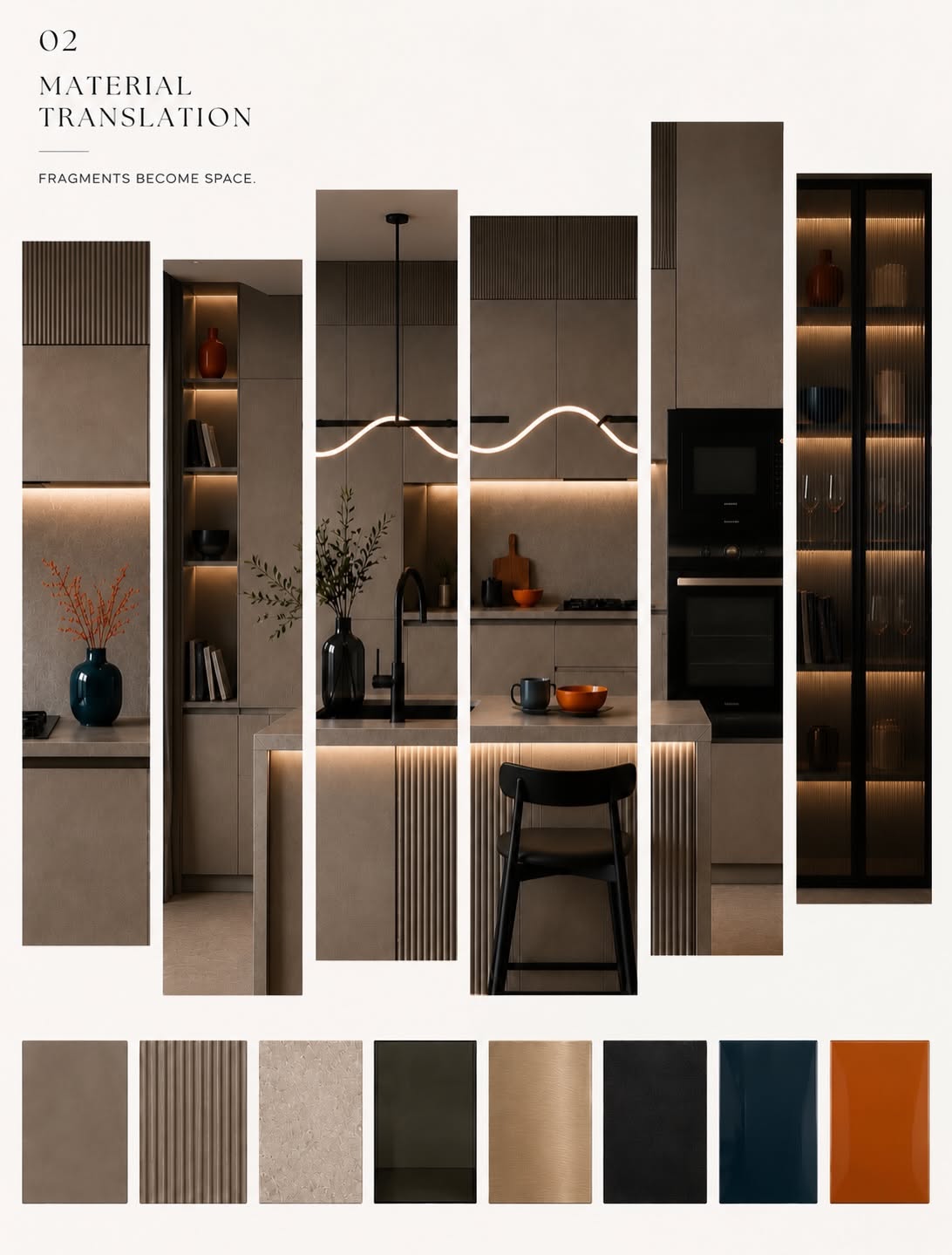 Carousel: Kitchen island shown as a pencil sketch torn away to reveal a photoreal render, slide 2