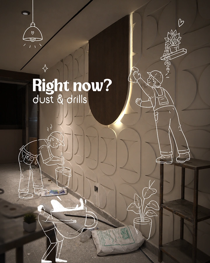 House Painters creative ad: Line-drawn painters working over real wall