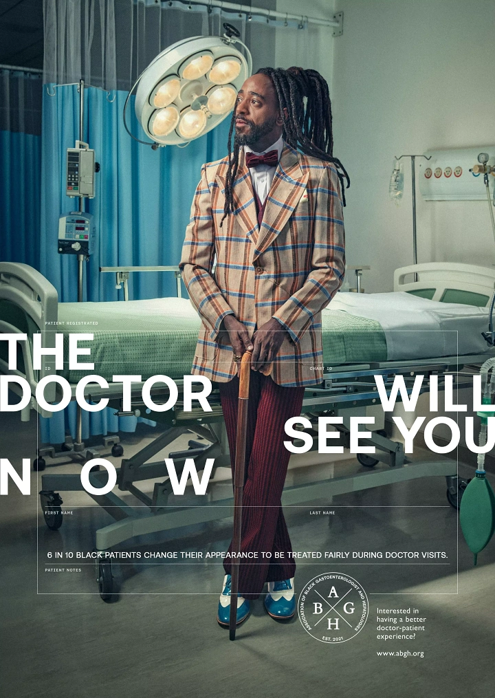 Creative ad: Formally dressed Black man with a cane standing in a hospital ward