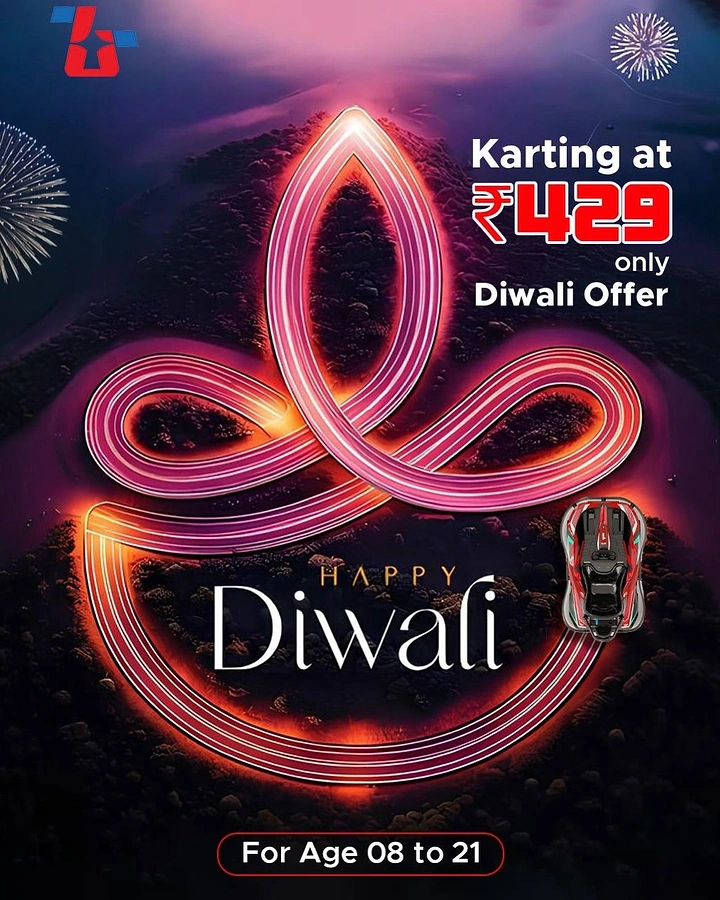 Diwali creative ad: Aerial neon race track looping into a diya-and-flame shape with a go-kart