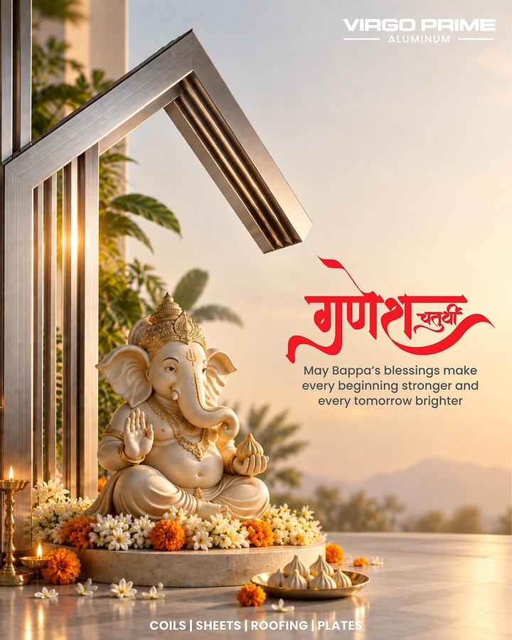 Ganesh Chaturthi creative ad: Ivory Ganesha idol under brushed aluminium gable-roof frame at sunset