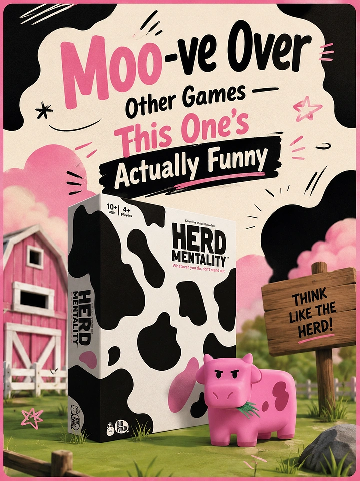 Board Games & Game Cafes creative ad: Cow pun integrated into product ad