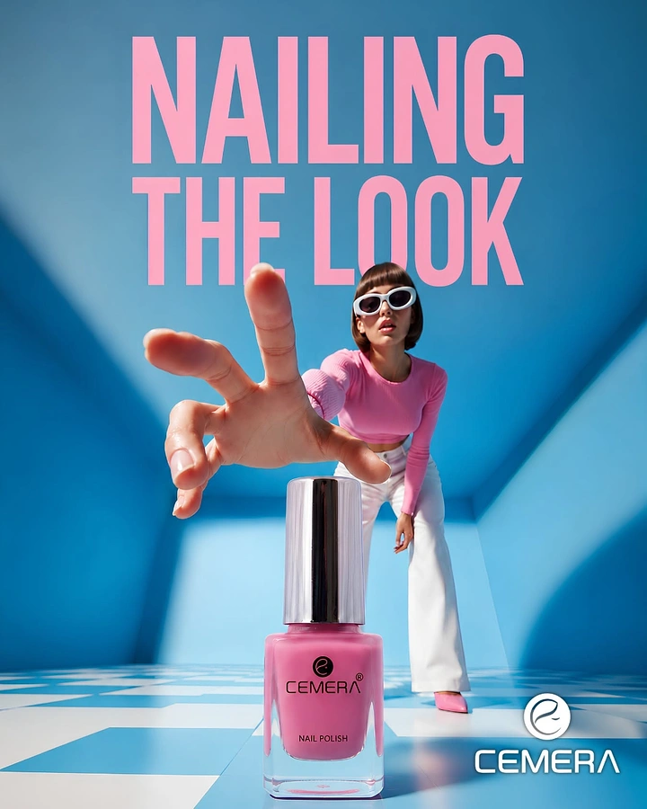 Nail Salons creative ad: Model reaching toward the camera over an oversized pink nail polish bottle
