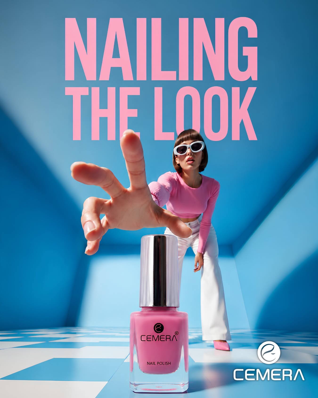 Instagram post: Model reaching toward the camera over an oversized pink nail polish bottle