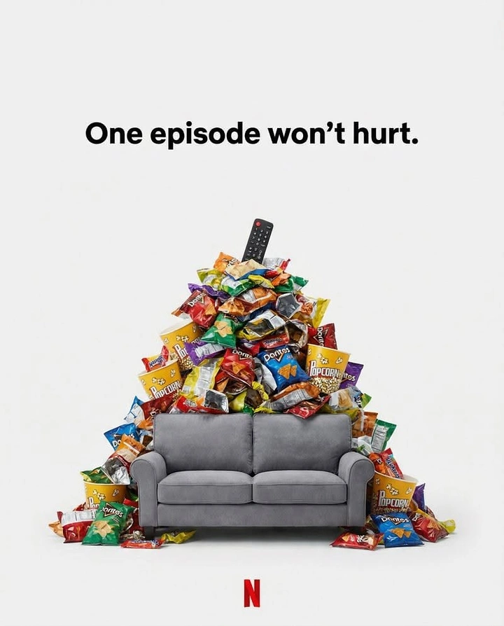 Streaming, OTT & TV Channels creative ad: Snack mountain visualizes episode binge